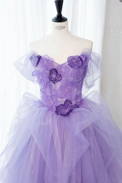 Purple Lace Floral Tulle Long Prom Dresses, Purple Tulle Long Lace Formal Evening Dresses