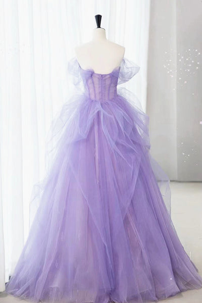 Purple Lace Floral Tulle Long Prom Dresses, Purple Tulle Long Lace Formal Evening Dresses