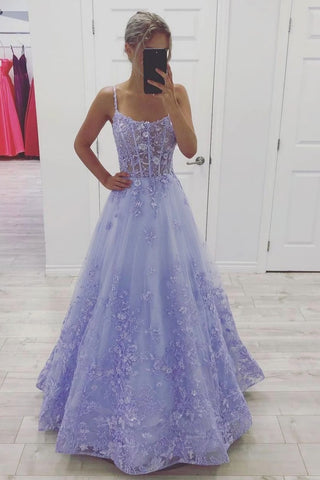 Purple Tulle Lace Long Prom Dresses, Lilac Tulle Lace Long Formal Evening Dresses
