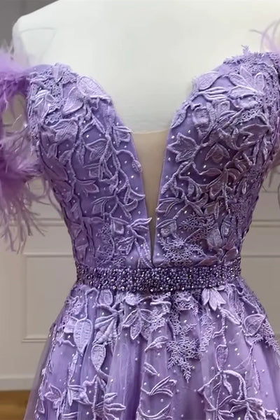 Purple Tulle Long Lace Prom Dresses, Purple Tulle Long Lace Formal Evening Dresses