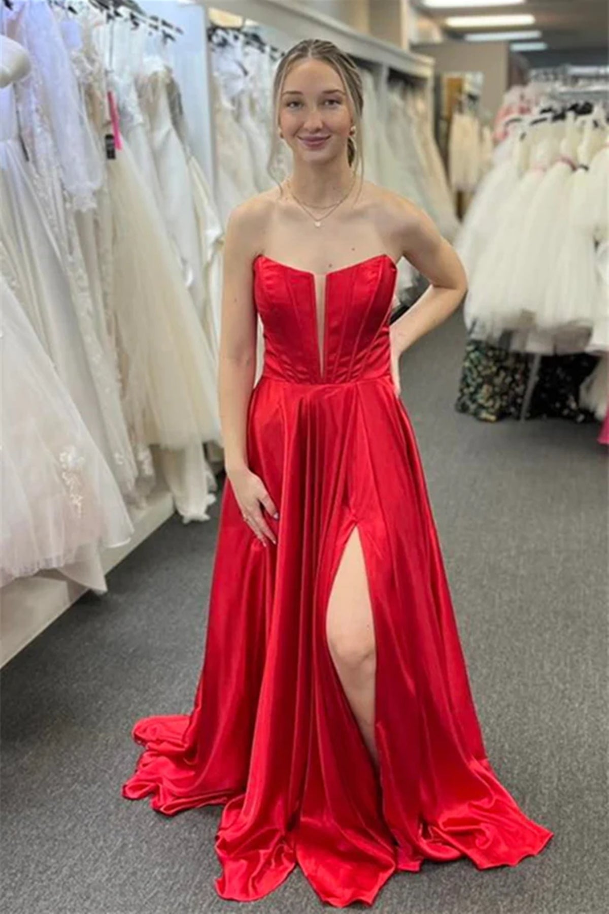 Red V Neck Long Satin Prom Dresses, V Neck Red Long Formal Evening Dresses