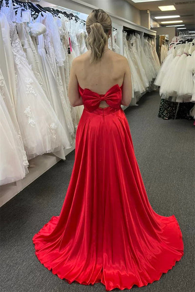 Red V Neck Long Satin Prom Dresses, V Neck Red Long Formal Evening Dresses