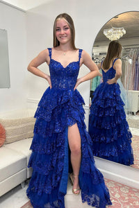 Royal Blue Muti Layers Long Lace Prom Dresses, Layered Royal Blue Long Formal Evening Dresses
