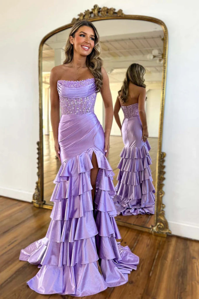 Scoop Neck Pink Purple Black Layered Mermaid Lace Prom Dresses, Mermai Eip Collection Scoop Neck Pink Purple Black Layered Mermaid Lace Prom Dresses, Mermai Eip Collection