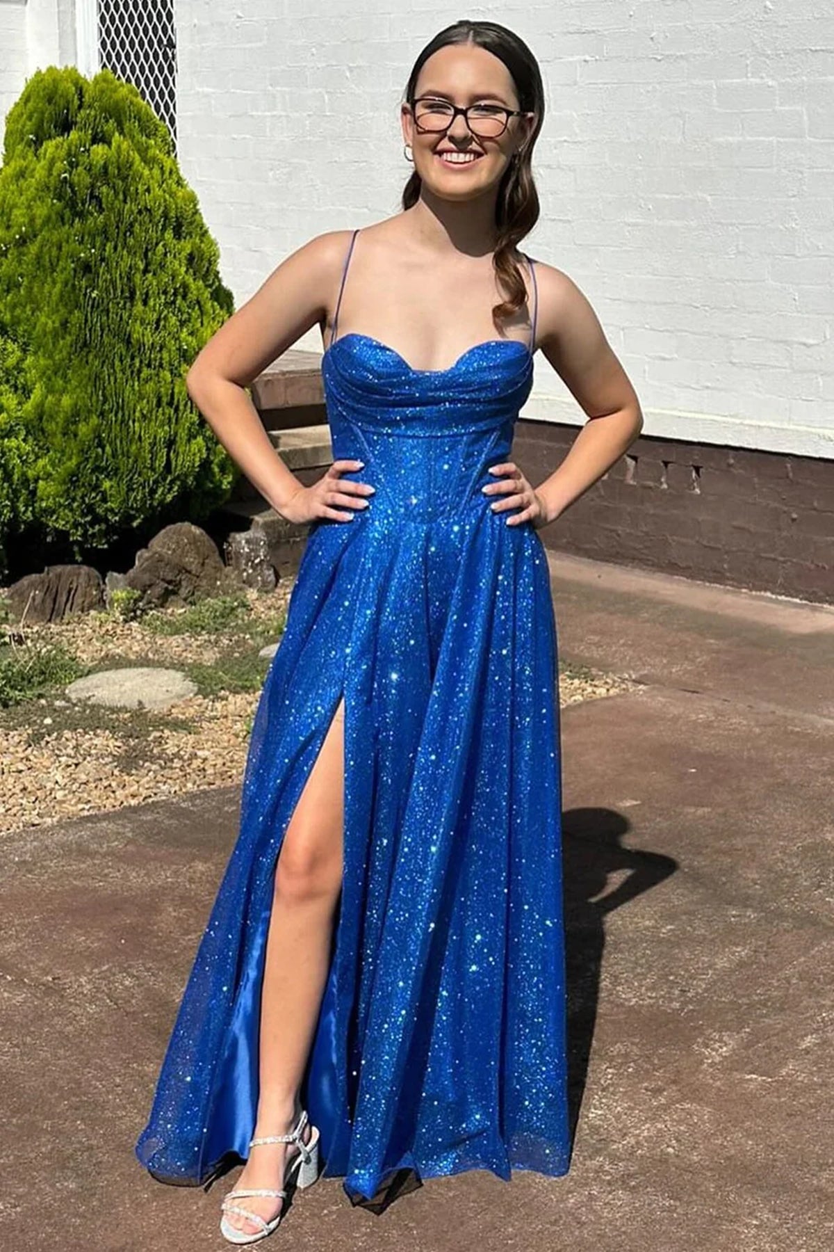 Shiny A Line Sweetheart Neck Blue Tulle Long Prom Dresses with Leg Sli Eip Collection Shiny A Line Sweetheart Neck Blue Tulle Long Prom Dresses with Leg Sli Eip Collection