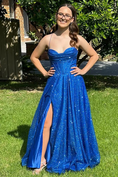 Shiny A Line Sweetheart Neck Blue Tulle Long Prom Dresses with Leg Slit, Long Blue Formal Graduation Evening Dresses