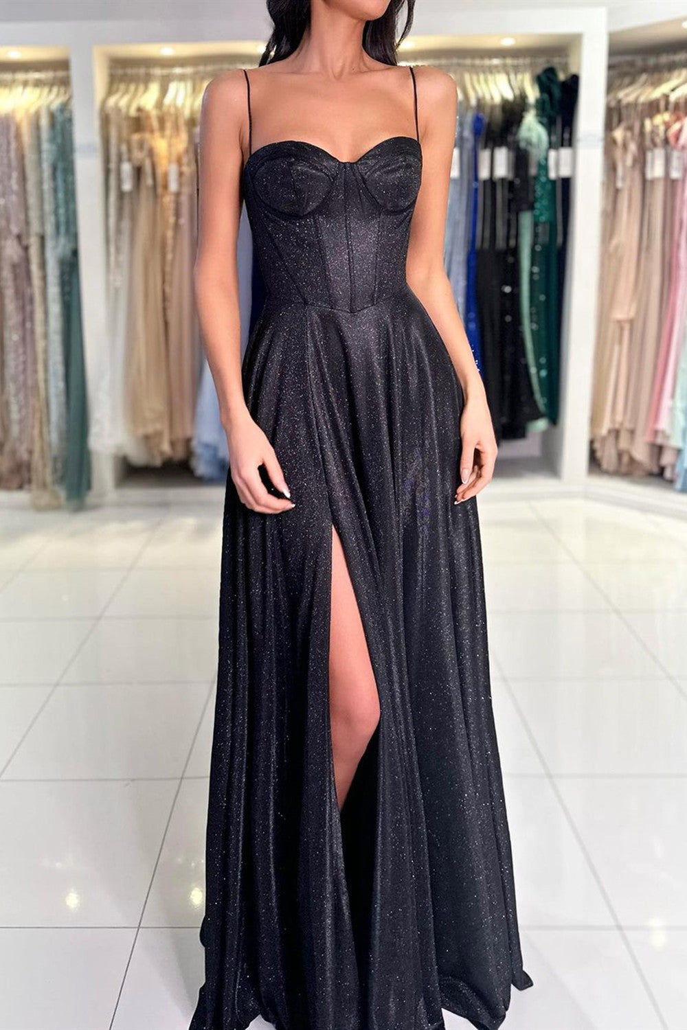 Shiny Black High Slit Long Prom Dreses, High Slit Shiny Formal Evening