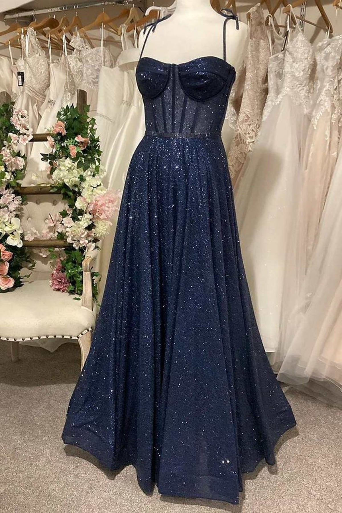 Shiny Dark Navy Blue Long Lace Prom Dresses, Dark Navy Blue Long Forma Eip Collection Shiny Dark Navy Blue Long Lace Prom Dresses, Dark Navy Blue Long Forma Eip Collection