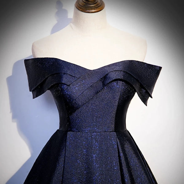 Shiny Off the Shoulder Blue Prom Dresses, Off Shoulder Blue Formal Evening Dresses