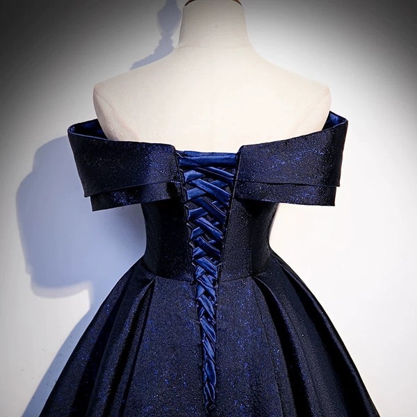 Shiny Off the Shoulder Blue Prom Dresses, Off Shoulder Blue Formal Evening Dresses