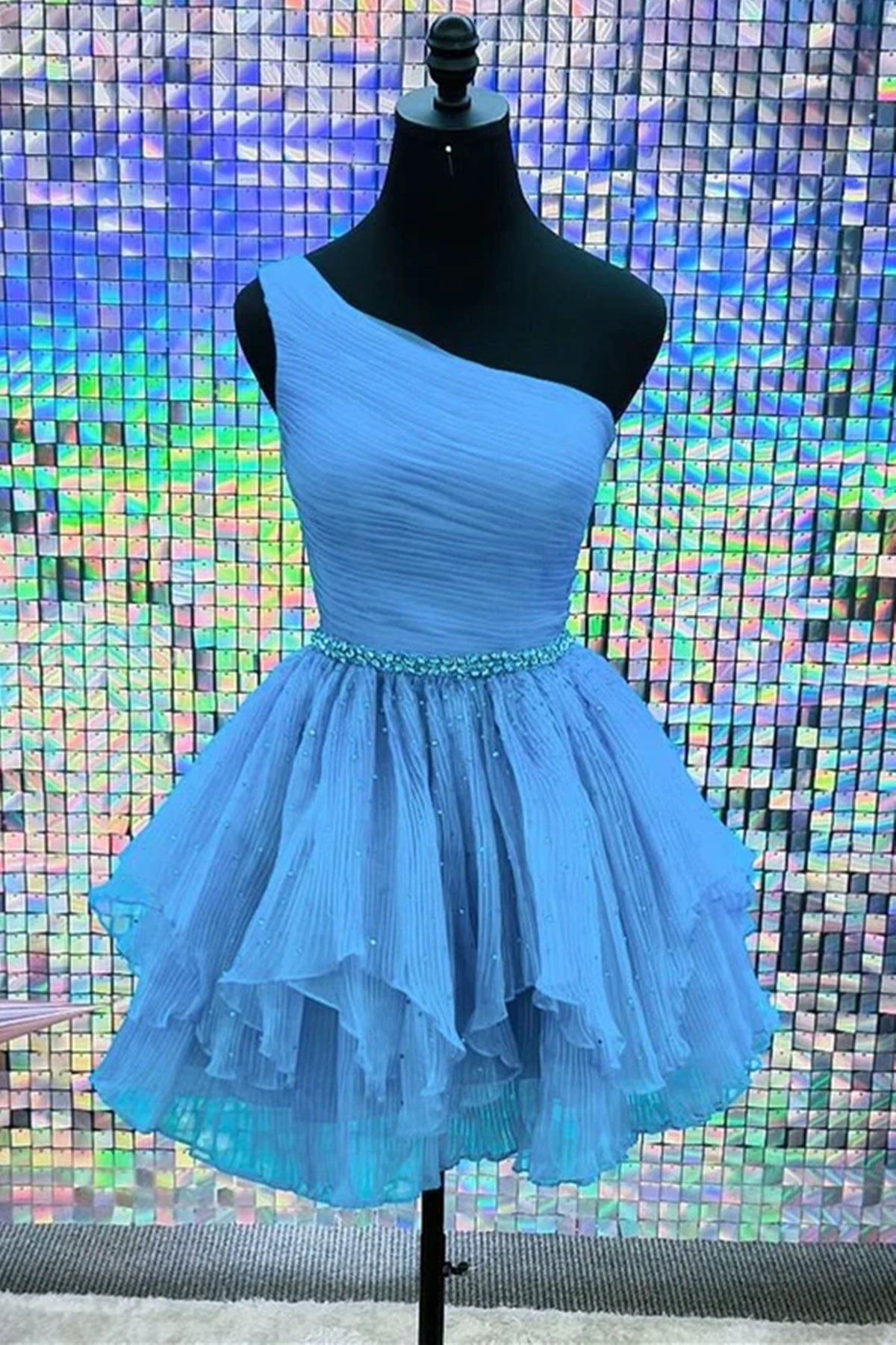 Shiny One Shoulder Blue/Hot Pink Tulle Short Prom Dresses with Belt, O Eip Collection Shiny One Shoulder Blue/Hot Pink Tulle Short Prom Dresses with Belt, O Eip Collection