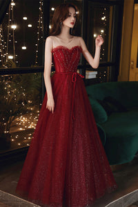 Shiny Round Neck Burgundy Long Tulle Prom Dresses, Wine Red Long Tulle Formal Evening Dresses