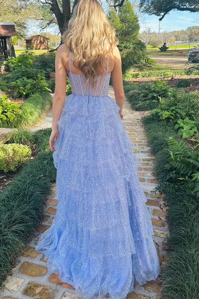 Shiny Sequins A Line Layered Blue Long Prom Dresses, Blue Sequins Formal Graduation Evening Dresses
