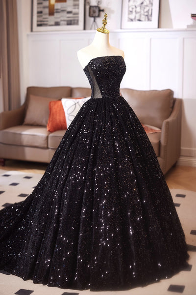 Shiny Strapless Black Long Prom Dresses, Black Long Formal Evening Dresses