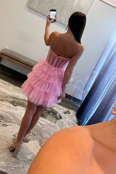 Shiny Strapless Layered Pink Tulle Short Prom Dresses, Strapless Pink Homecoming Dresses