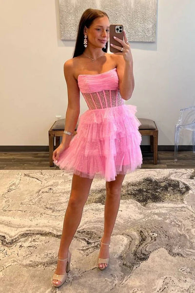 Shiny Strapless Layered Pink Tulle Short Prom Dresses, Strapless Pink Homecoming Dresses