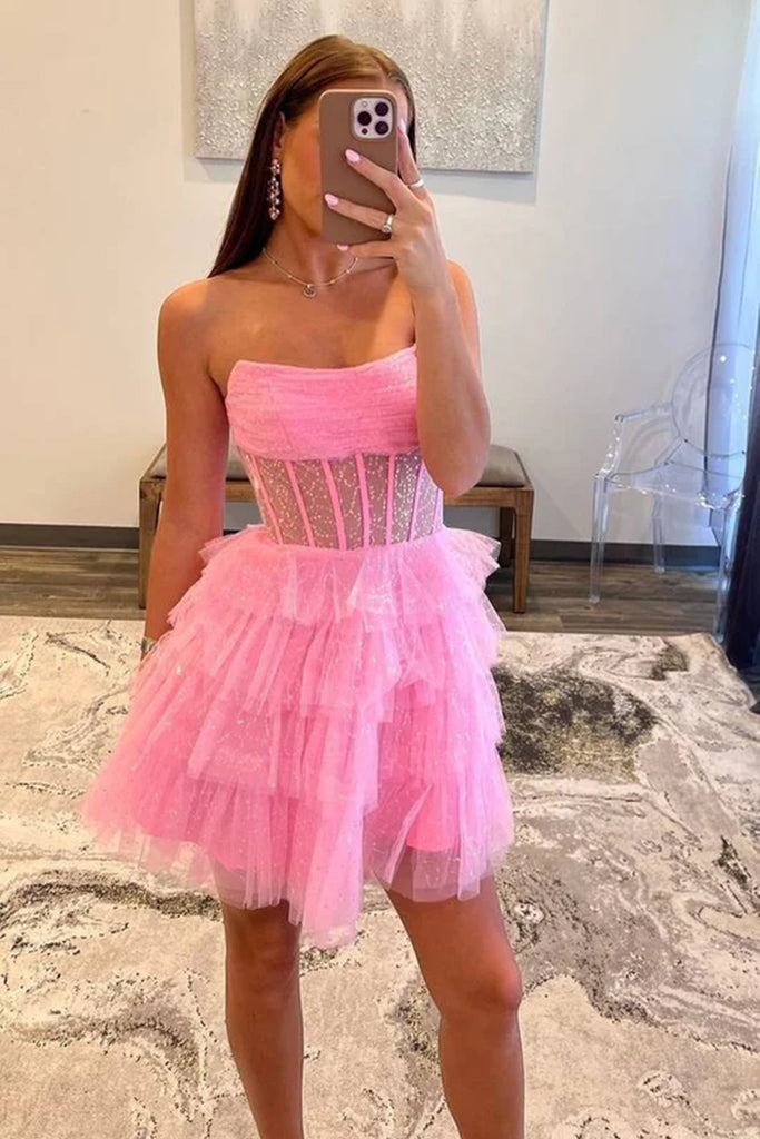 Shiny Strapless Layered Pink Tulle Short Prom Dresses, Strapless Pink Eip Collection Shiny Strapless Layered Pink Tulle Short Prom Dresses, Strapless Pink Eip Collection