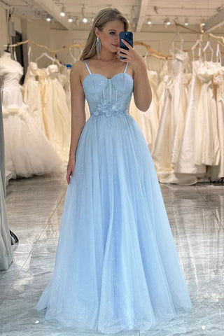 Shiny Tulle Open Back Sweetheart Neck Light Blue Long Prom Dresses with 3D Flowers, Light Blue Floral Formal Graduation Evening Dresses