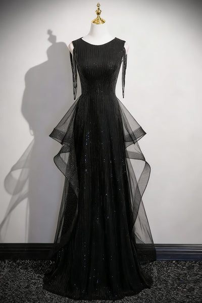 Shiny Black Long Prom Dresses, Black Long Formal Evening Dresses