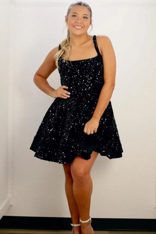 Short Black Blue Lace Sequins Prom Dresses, Short Black Blue Formal Homecoming Dresses