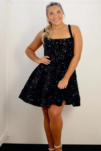 Short Black Blue Lace Sequins Prom Dresses, Short Black Blue Formal Homecoming Dresses