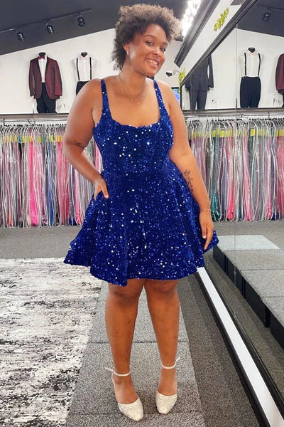 Short Black Blue Lace Sequins Prom Dresses, Short Black Blue Formal Homecoming Dresses
