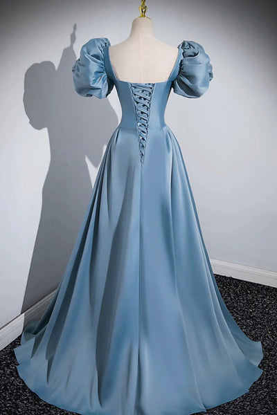 Short Blue Satin Long Prom Dresses, Short Blue Satin Long Formal Evening Dresses