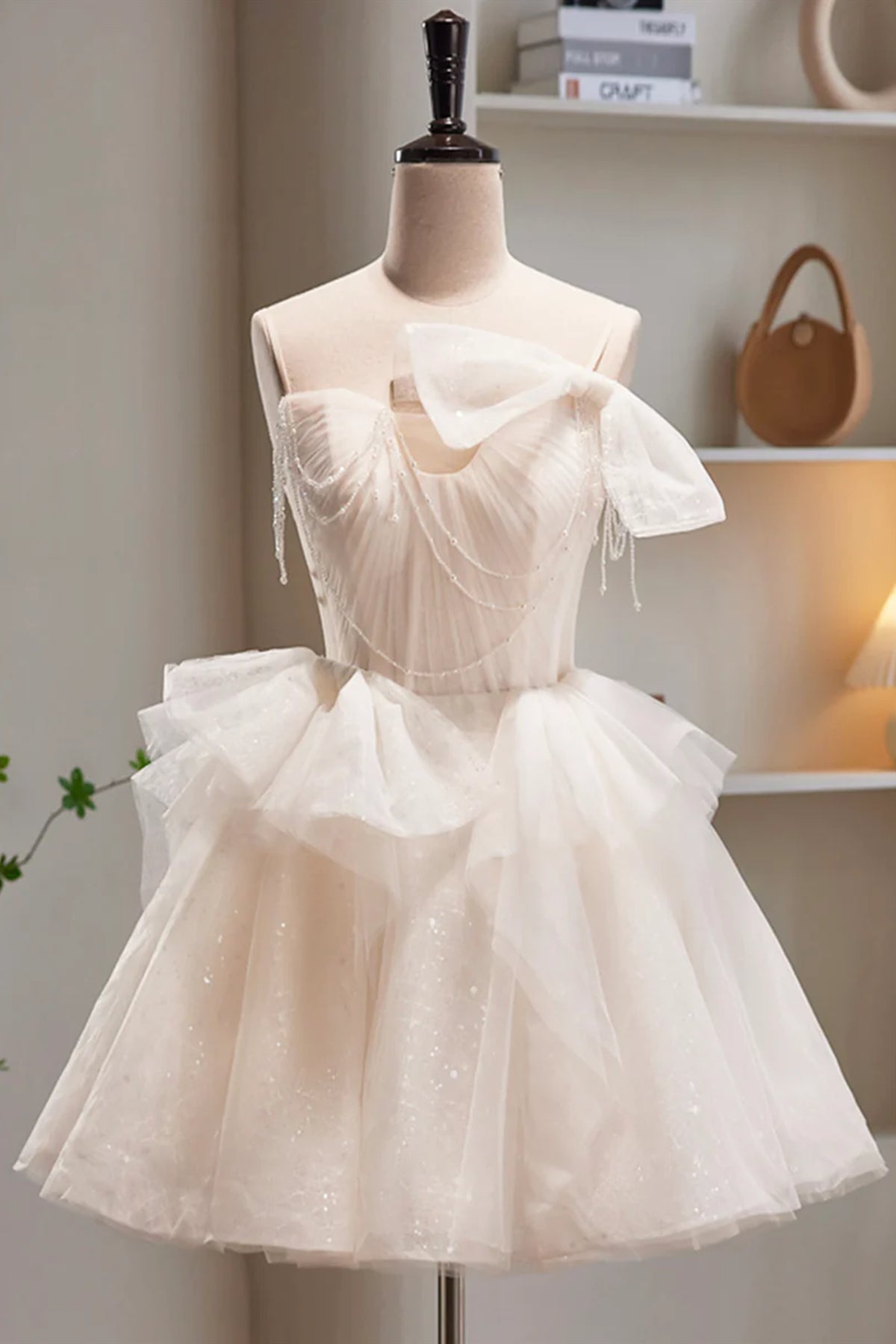 Short Light Champagne Tulle Prom Dresses, Short Champagne Tulle Formal Homecoming Dresses