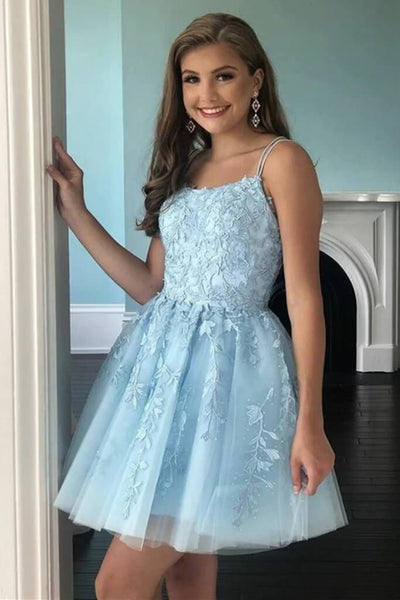 Short Pink Blue Backless Lace Prom Dresses, Short Pink Blue Open Back Formal Homecoming Dresses