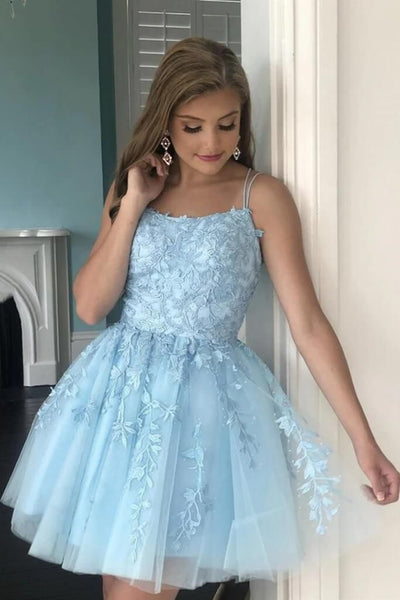 Short Pink Blue Backless Lace Prom Dresses, Short Pink Blue Open Back Formal Homecoming Dresses