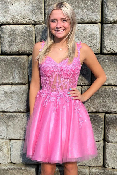 Short Pink Lace Prom Dresses, Short Pink Lace Formal Homecoming Dresses