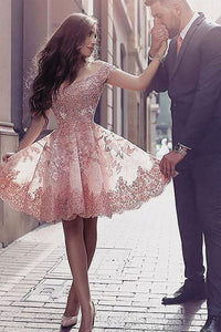 Short Pink Lace Prom Dresses, Short Pink Lace Formal Homecoming Dresses EP2098