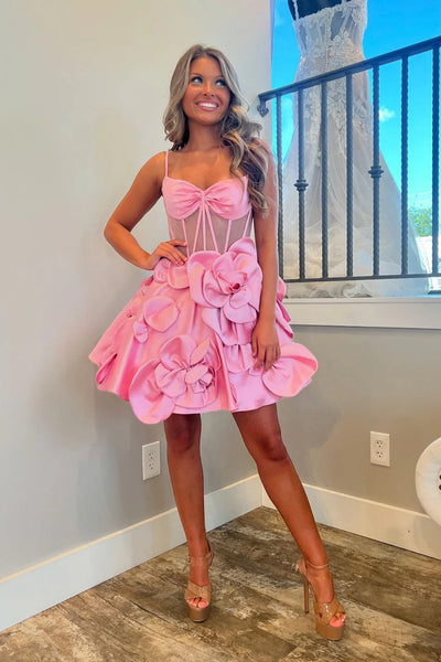 Short Pink Prom Dresses with 3D Flower, Short Pink Prom Formal Graduation Dresses