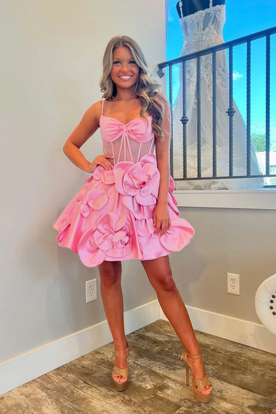 Short Pink Prom Dresses with 3D Flower, Short Pink Prom Formal Graduation Dresses