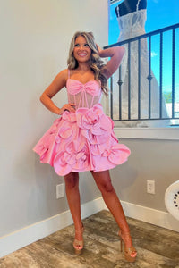 Short Pink Prom Dresses with 3D Flower, Short Pink Prom Formal Graduation Dresses