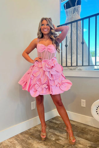 Short Pink Prom Dresses with 3D Flower, Short Pink Prom Formal Graduation Dresses