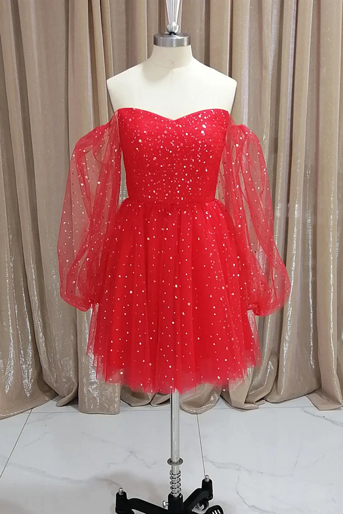 Short Red Long Sleeves Tulle Prom Dresses, Short Red Long Sleeves Form Eip Collection Short Red Long Sleeves Tulle Prom Dresses, Short Red Long Sleeves Form Eip Collection