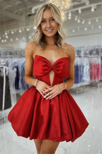 Short Red Yellow Satin Prom Dresses with Bow, Short Red Yellow Formal Homecoming Dresses