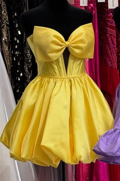 Short Red Yellow Satin Prom Dresses with Bow, Short Red Yellow Formal Homecoming Dresses