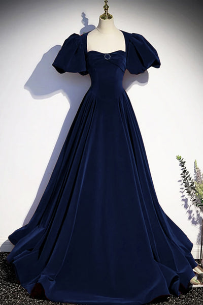 Short Sleeves Dark Navy Blue Long Prom Dresses, Dark Navy Blue Long Formal Evening Dresses