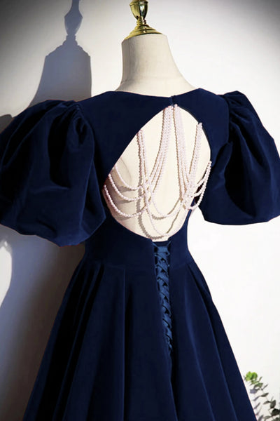 Short Sleeves Dark Navy Blue Long Prom Dresses, Dark Navy Blue Long Formal Evening Dresses