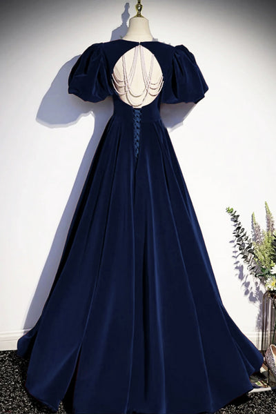 Short Sleeves Dark Navy Blue Long Prom Dresses, Dark Navy Blue Long Formal Evening Dresses