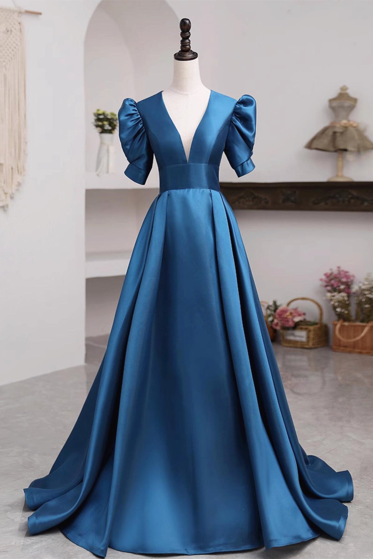 Short Sleeves Peacock Blue Long Prom Dresses, Peacock Blue Long Formal Evening Dresses