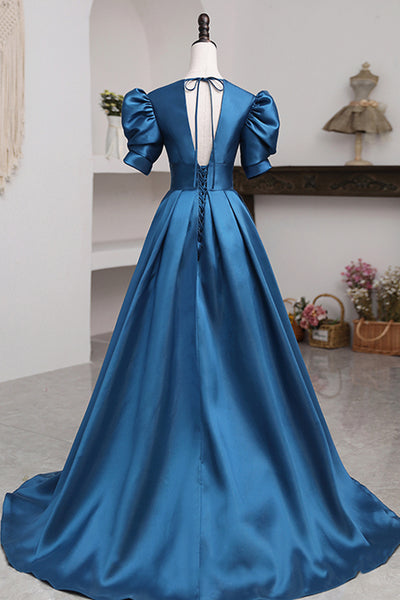 Short Sleeves Peacock Blue Long Prom Dresses, Peacock Blue Long Formal Evening Dresses
