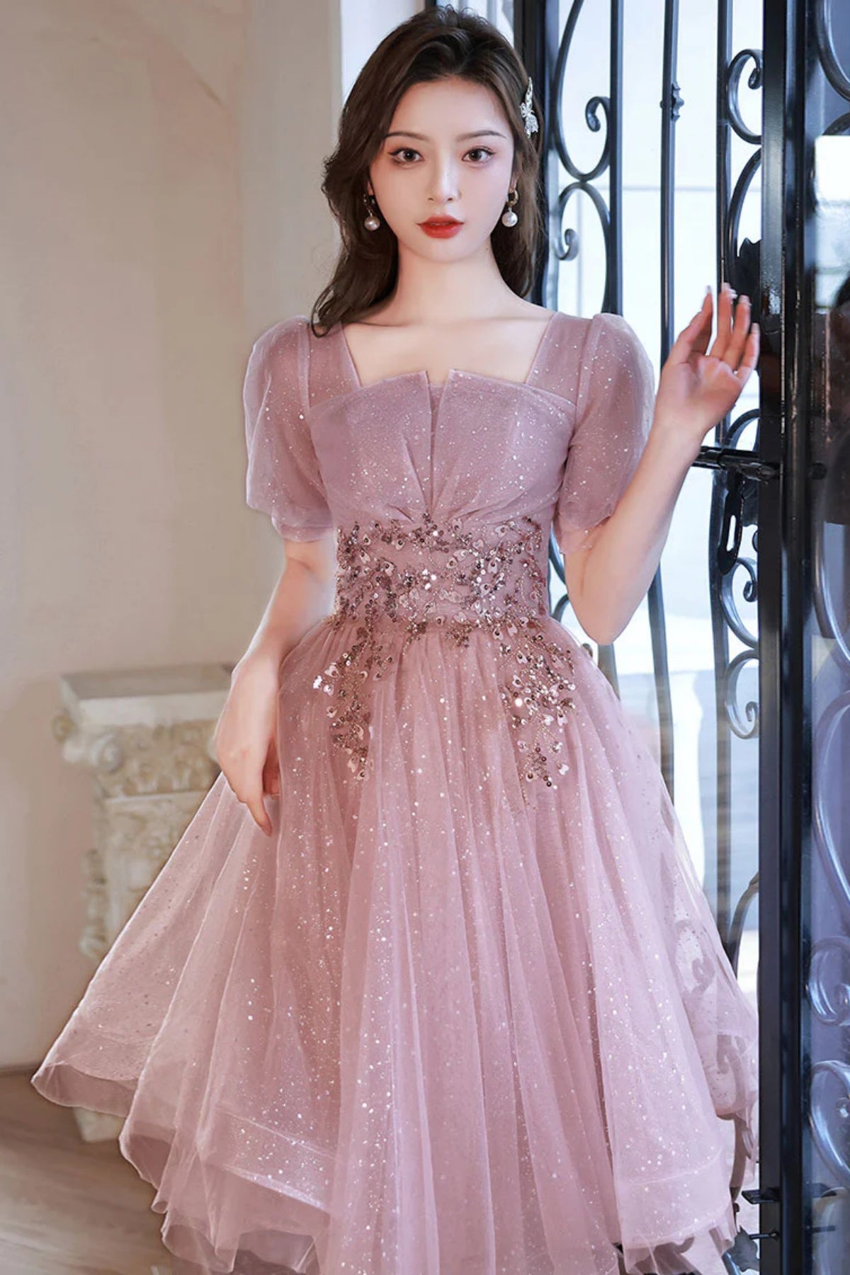 Short Sleeves Pink Tulle Short Prom Dresses, Short Pink Tulle Formal Homecoming Dresses