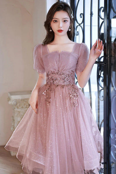 Short Sleeves Pink Tulle Short Prom Dresses, Short Pink Tulle Formal Homecoming Dresses