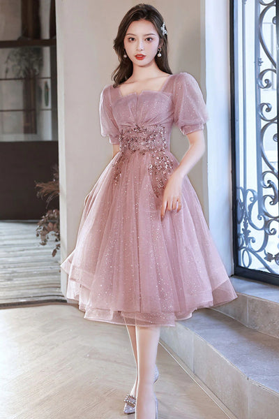 Short Sleeves Pink Tulle Short Prom Dresses, Short Pink Tulle Formal Homecoming Dresses