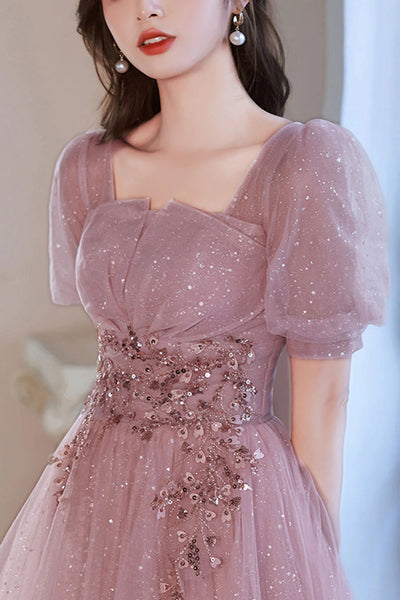 Short Sleeves Pink Tulle Short Prom Dresses, Short Pink Tulle Formal Homecoming Dresses