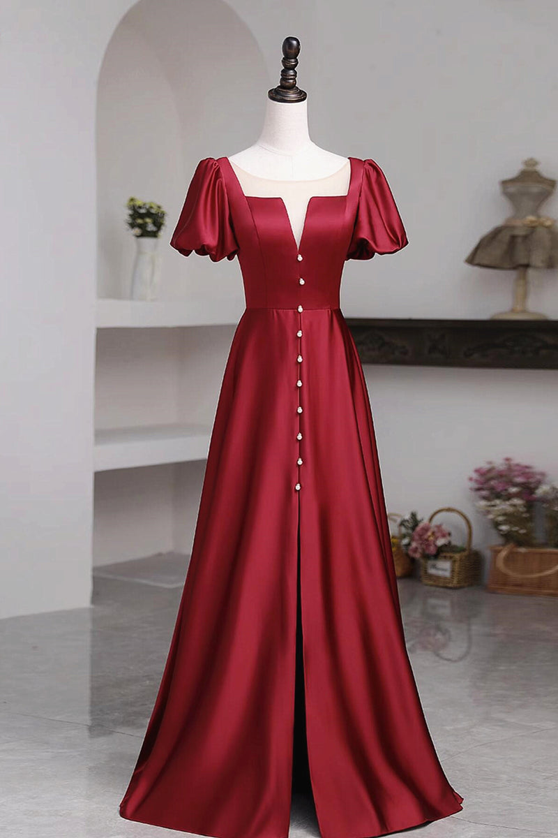 Short Sleeves Burgundy Long Prom Dresses with High Slit, Wine Red High ...