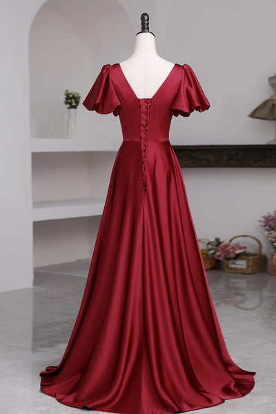Short Sleeves Burgundy Long Prom Dresses with High Slit, Wine Red High Slit Long Formal Evening Dresses